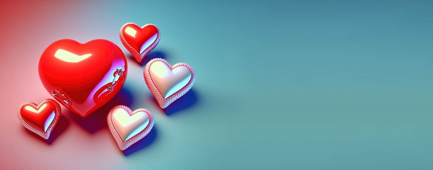 Bright red 3D heart shape on a happy Valentine's Day banner background