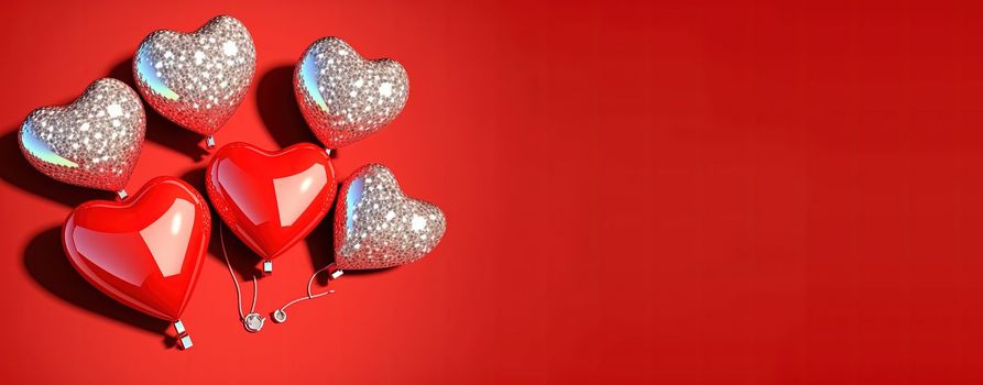 Bright red 3D heart shape on a happy Valentine's Day banner background