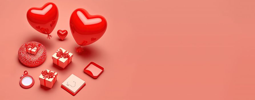 3D heart in red on a cheerful Valentine's Day banner