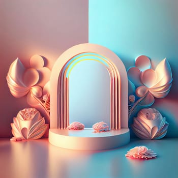 Feminine and elegant 3d podium illustration with abstract flower ornament for product display