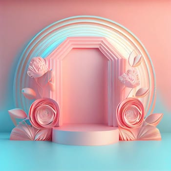 Feminine and elegant 3d podium illustration with abstract flower ornament for product display