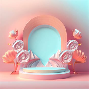 Feminine and elegant 3d podium illustration with abstract flower ornament for product display