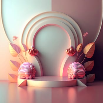 Luxury podium 3d illustration with elegant pink color and abstract flower wreath ornament for product display