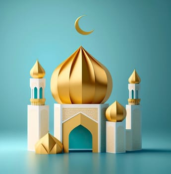 3d miniature illustration of a mosque with golden glowing dome