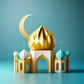 3d miniature illustration of a mosque with golden glowing dome