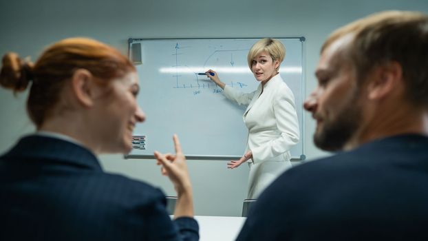Caucasian woman blonde leads a presentation for colleagues