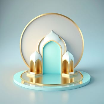 Islamic ramadan podium background of futuristic and modern 3d realistic mosque with scene and stage for product display