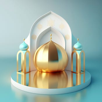 Ramadan islamic scene with golden 3d realistic mosque stage and podium for product presentation