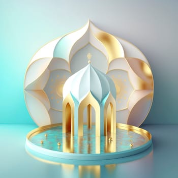 Ramadan islamic scene with golden 3d realistic mosque stage and podium for product presentation