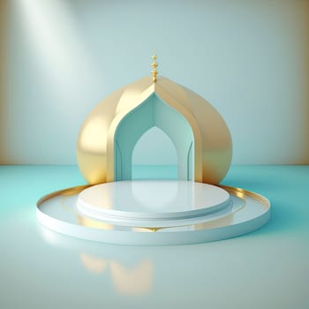 Ramadan islamic scene with golden 3d realistic mosque stage and podium for product presentation