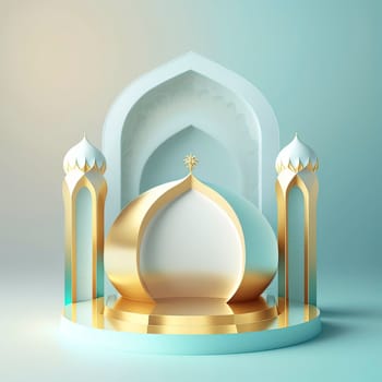 Ramadan islamic scene with golden 3d realistic mosque stage and podium for product presentation