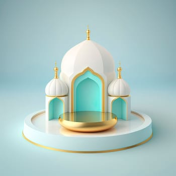 Ramadan islamic scene with golden 3d realistic mosque stage and podium for product presentation