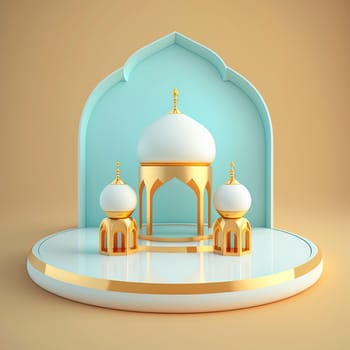 Ramadan islamic scene with golden 3d realistic mosque stage and podium for product presentation