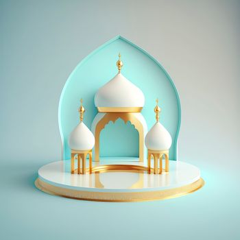 Ramadan islamic scene with golden 3d realistic mosque stage and podium for product presentation