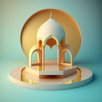 Realistic 3d modern islamic background of futuristic mosque with podium scene and stage for product display