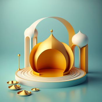 Realistic 3d modern islamic background of futuristic mosque with podium scene and stage for product display