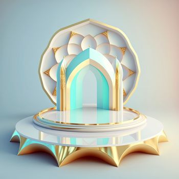 realistic 3d islamic scene background shiny diamond color effect with mosque gate for podium and product display stage