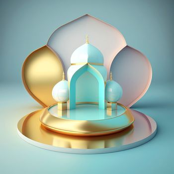 realistic 3d islamic scene background shiny diamond color effect with mosque gate for podium and product display stage