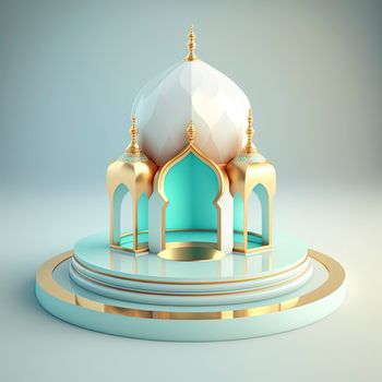 Islamic ramadan podium background of futuristic and modern 3d realistic mosque with scene and stage for product display