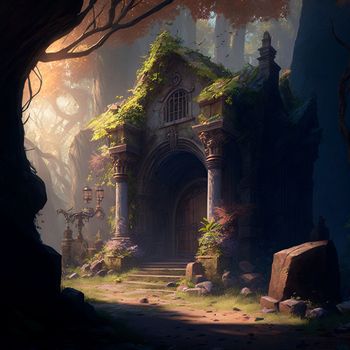 mysterious ruins in the forest. High quality illustration