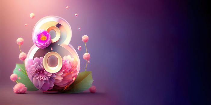 Illustration of number 8 and floral decoration for background and banner for 8th march women's day with copy space