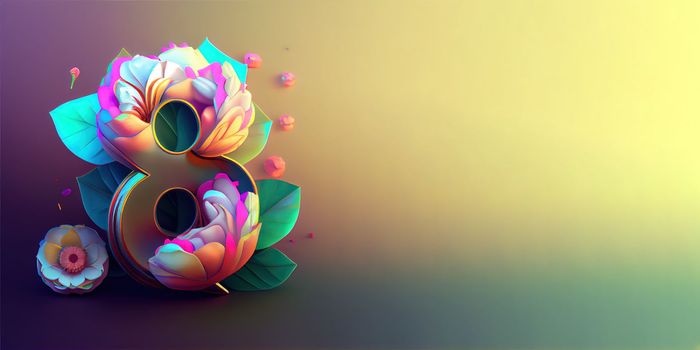 Illustration of number 8 and floral decoration for background and banner for 8th march women's day with copy space