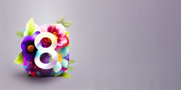 Illustration of number 8 and floral decoration for background and banner for 8th march women's day with copy space