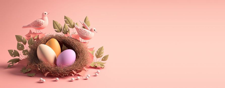 Illustration of background Easter day with eggs, nest, and copy space for banner