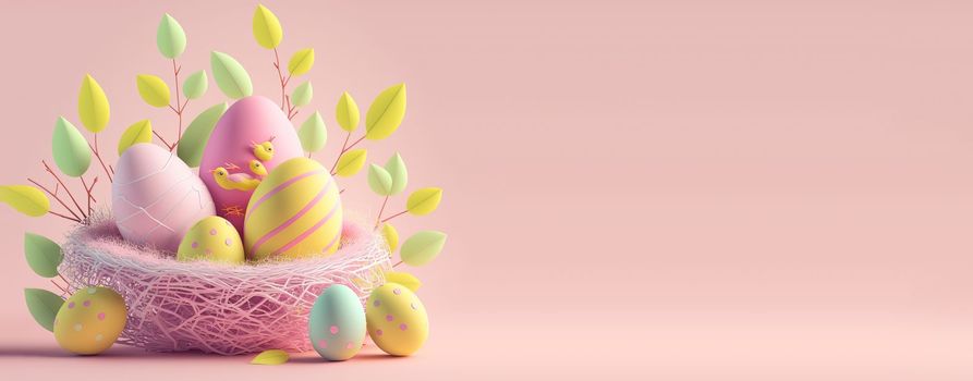 Illustration of background Easter day with eggs, nest, and copy space for banner