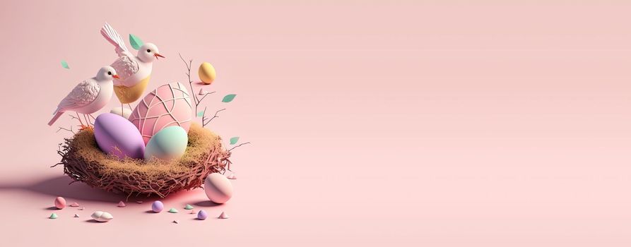 Illustration of background Easter day with eggs, nest, and copy space for banner