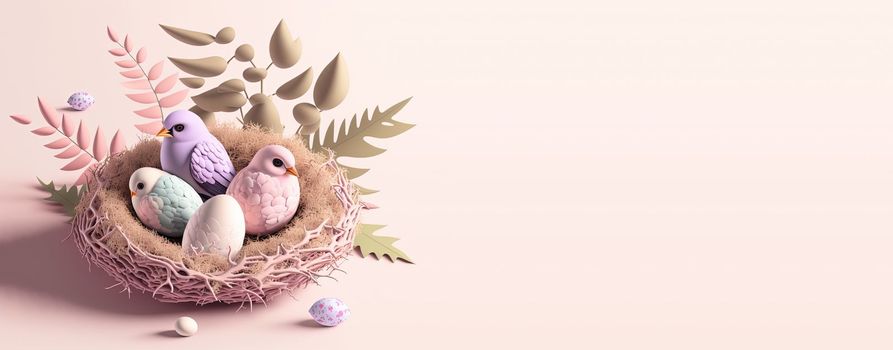 Illustration of background Easter day with eggs, nest, and copy space for banner