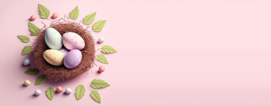 Illustration of background Easter day with eggs, nest, and copy space for banner