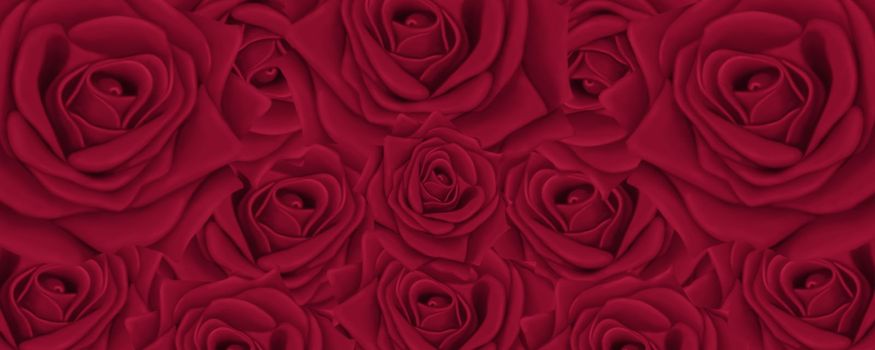 Beautiful red background for postcards and graphic works. Bright roses on a red background. Background, banner, space for text. Illustration Viva Magenta Background color