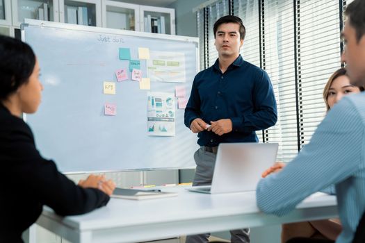 Competent office workers from various nationalities are debating, discussing and brainstorming in the meeting room. A group of employees is collaborating to achieve their business objectives.