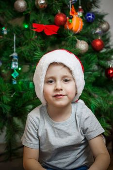 A photo of a beautiful boy in a gray T-shirt and a Santa Claus hat at the Christmas tree, looking into the camera. Portrait in a bright room. Natural, not staged photography. Children
