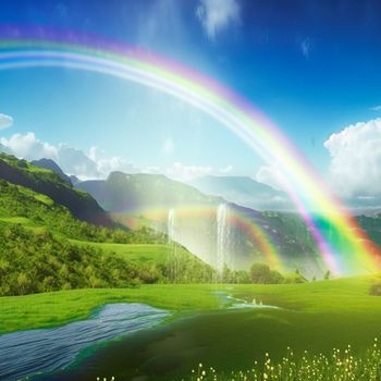 summer landscape with rainbow and waterfall. High quality illustration