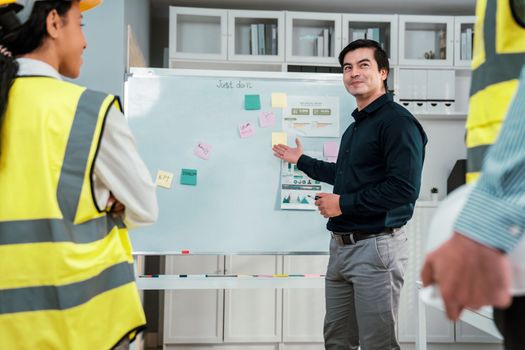 Entrepreneur brainstorming ideas with his competent engineers in the office. Architectural investors and engineers working on an upcoming project in a fun and friendly environment.