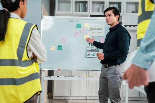 A team of investor and competent engineers brainstorming on the whiteboard to find new ideas and making plans. The idea of a team gather ideas together.