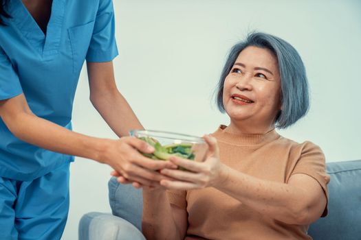 A female nurse serves a bowl of salad to a contented senior couple. Health care and medical assistance for the elderly, nursing home for pensioners.