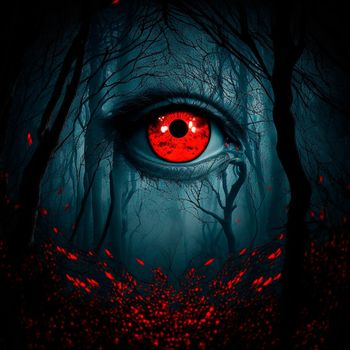 Big red eyes against the background of a gloomy mystical fores. High quality illustration