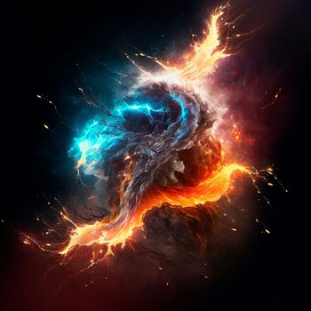 Abstract image of the energy of fire and lightning, which mix into something unified. High quality illustration
