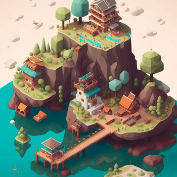 isometric image of the nature of a reservoir and houses in the mountains. High quality illustration