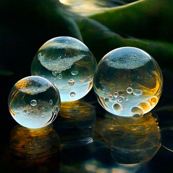 Transparent water spheres against a stunning backdrop of mountains and water. Reflection of the landscape and elements inside the spheres. High quality illustration