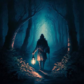 A man walks in the night, lighting his way with a lamp. High quality illustration