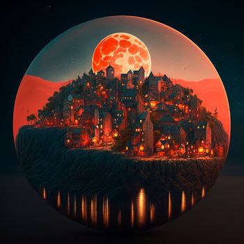 A cartoon image of a fantasy town against the background of a huge red moon. High quality photo