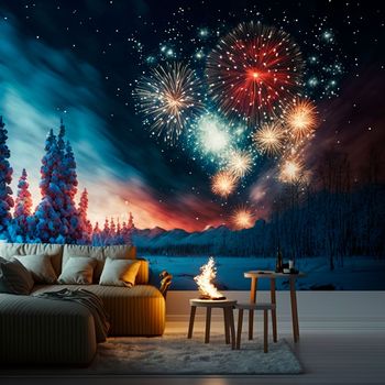Bedroom with wallpaper depicting the night sky in fireworks. High quality illustration