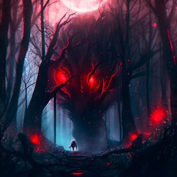 A big monster with red eyes in a mystical forest. High quality illustration