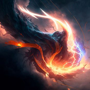 Abstract image of the energy of fire and lightning, which mix into something unified. High quality illustration