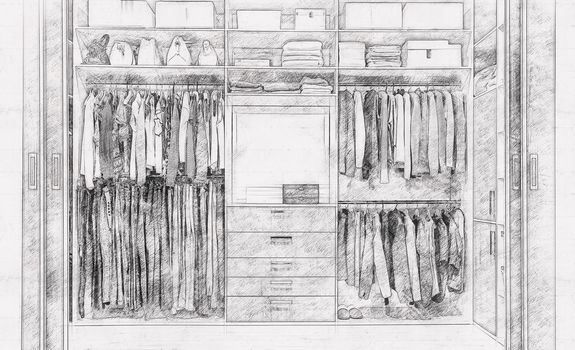 Modern wooden wardrobe with clothes hanging on rail in walk in closet design interior