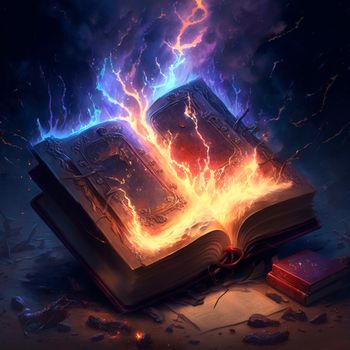 A magical book engulfed in flames and lightning. High quality illustration